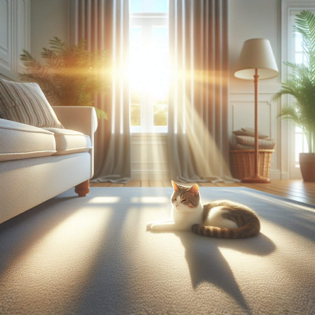 Bright and airy photo of a perfectly clean and fresh carpet in a cozy, sunlit living room. A content, relaxed cat is comfortably curled up on the pristine carpet. Sunlight streams through a window, creating a warm and inviting atmosphere. Emphasizes cleanliness, freshness, and comfort. High quality, realistic.