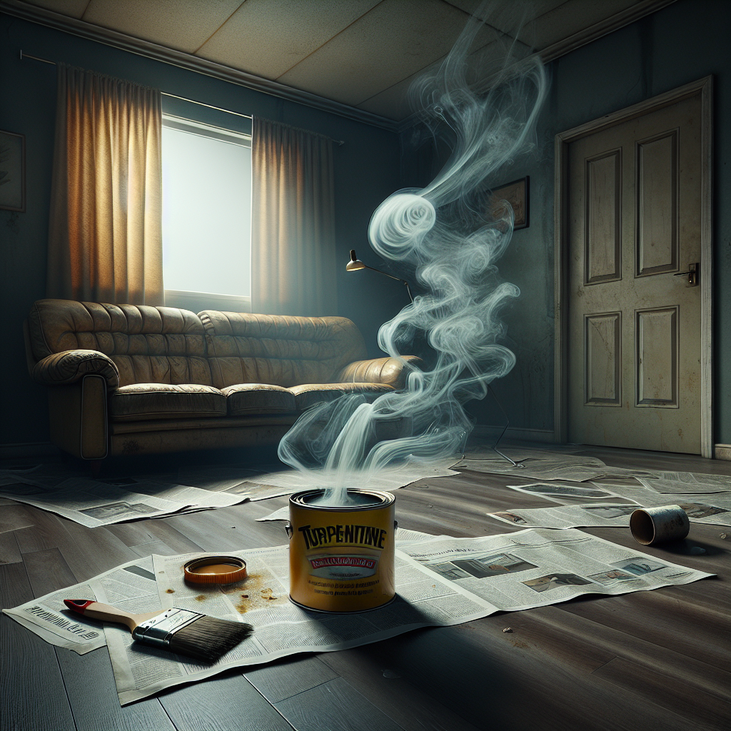 A somewhat messy living room with a strong, unpleasant turpentine smell lingering in the air. A half-used can of turpentine and a paint brush are visible on a newspaper-covered floor. The air above them is subtly depicted with swirling, slightly greenish or grayish tendrils, suggesting a persistent, acrid odor. A window is slightly ajar, but the smell hasn't dissipated. The overall atmosphere feels stagnant and unwelcoming. Realistic, cinematic lighting.