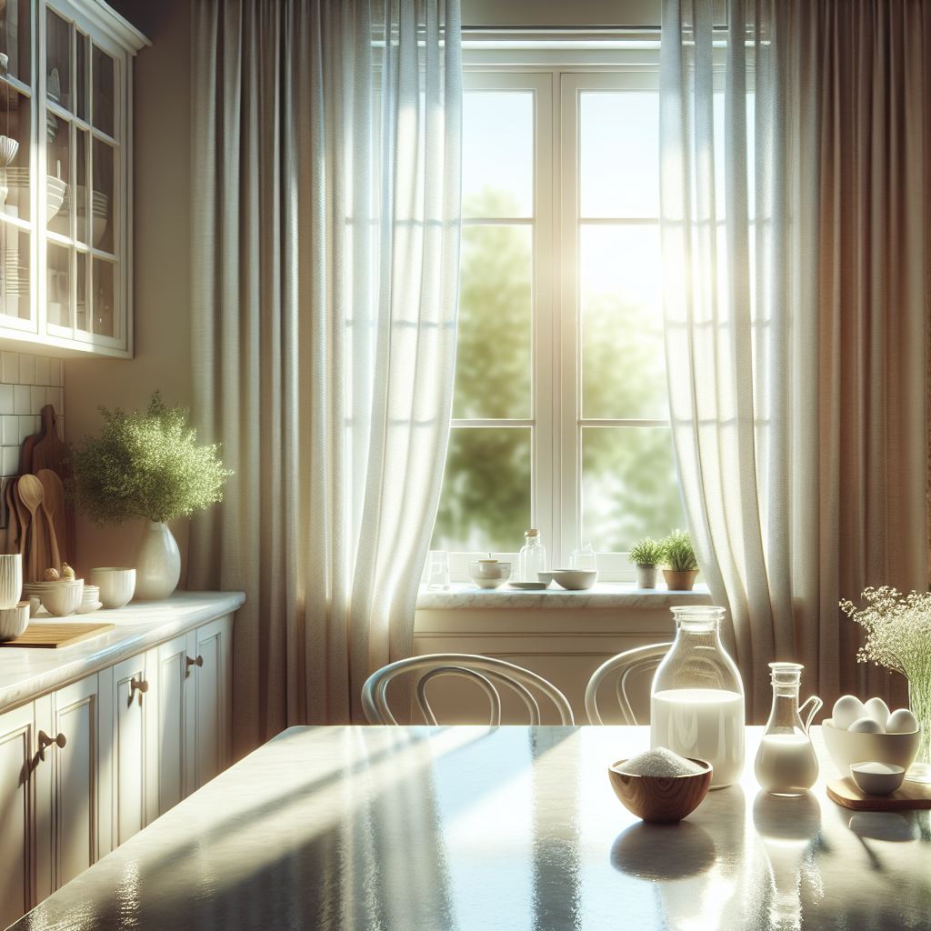 A bright, airy kitchen or living room filled with fresh air streaming in from a wide-open window. On a clean counter or table, there are small bowls of white vinegar and fresh coffee grounds, artfully arranged. Sunlight floods the room, creating a sense of cleanliness and renewal, with a subtle breeze gently moving light curtains. The scene evokes a feeling of pleasantness and a fresh start. Realistic, vibrant, inviting atmosphere.