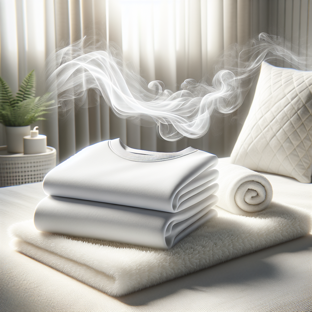 A clean, bright scene depicting a variety of textiles looking fresh and inviting: a neatly folded, pristine white t-shirt, a fluffy towel, and a section of a cozy sofa. Subtle, gentle freshness waves emanate from them, while in the background, a faint, almost transparent wisp of dark, unpleasant air (symbolizing odors like smoke or stale air) dissipates into the distance. High-key lighting, minimalist aesthetic, focus on crispness and comfort, photorealistic.