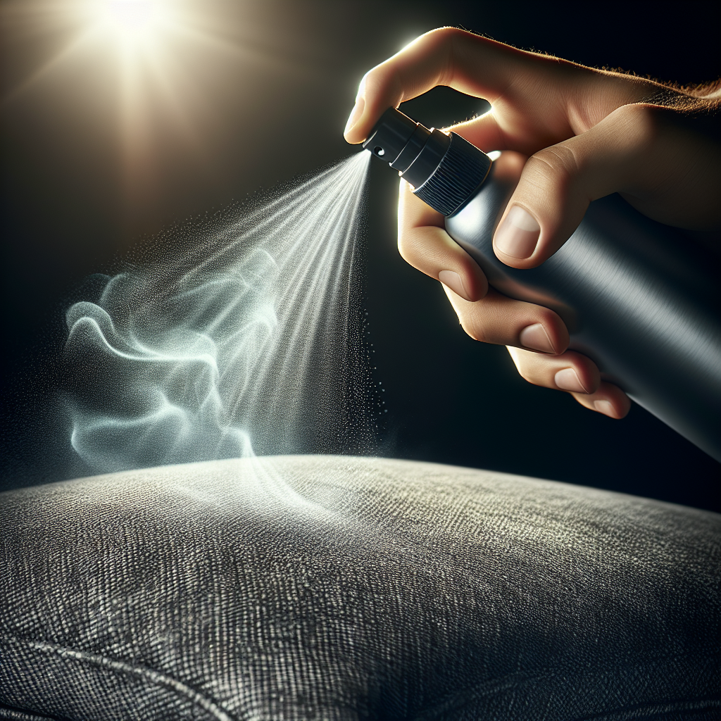 A close-up, dynamic shot of a modern, sleek fabric odor eliminator spray bottle (generic, no branding) being held by a hand and misting a fine, refreshing spray onto a textured dark grey sofa cushion. The mist particles are visible, catching the light and subtly transforming into soft, clean light streaks upon contact with the fabric. The background is softly blurred, emphasizing the action and the tactile feel of the fabric. Professional lighting, clean and effective feel, photorealistic.
