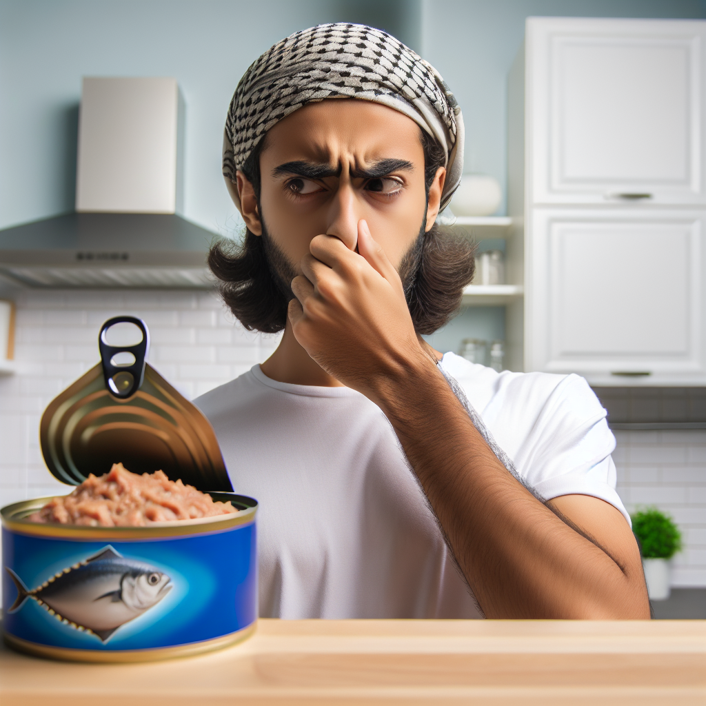 A person with a slightly disgusted expression, subtly holding their nose, standing in a clean, modern kitchen next to an open tuna can. The overall atmosphere implies a strong, lingering, unpleasant fish smell. Realistic photo, well-lit, natural colors.