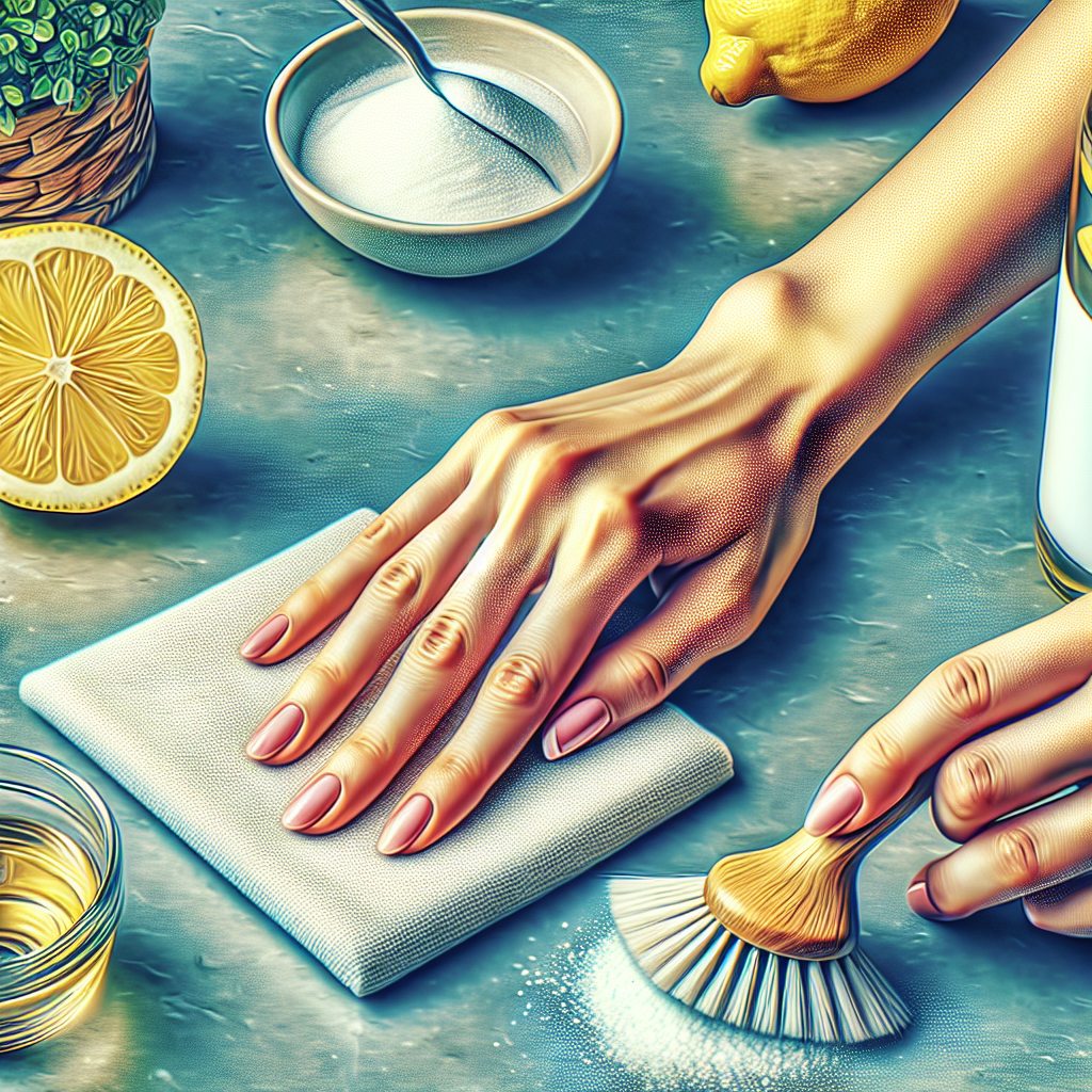 Close-up of hands cleaning a sparkling clean kitchen counter. Nearby, a fresh lemon half, a bottle of vinegar, and a small bowl of baking soda are visible. The scene conveys a sense of cleanliness, freshness, and effective odor neutralization. Realistic photo, bright and inviting.