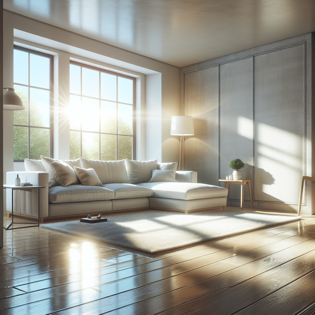 A wide-angle shot of an immaculately clean and brightly lit modern living room, sparkling with freshness after a deep clean. Sunlight streams through a pristine window, illuminating dust-free surfaces. A sense of calm and hygiene pervades the space. Minimalist decor, a comfortable sofa, and a gleaming wooden floor are visible. High detail, photorealistic.