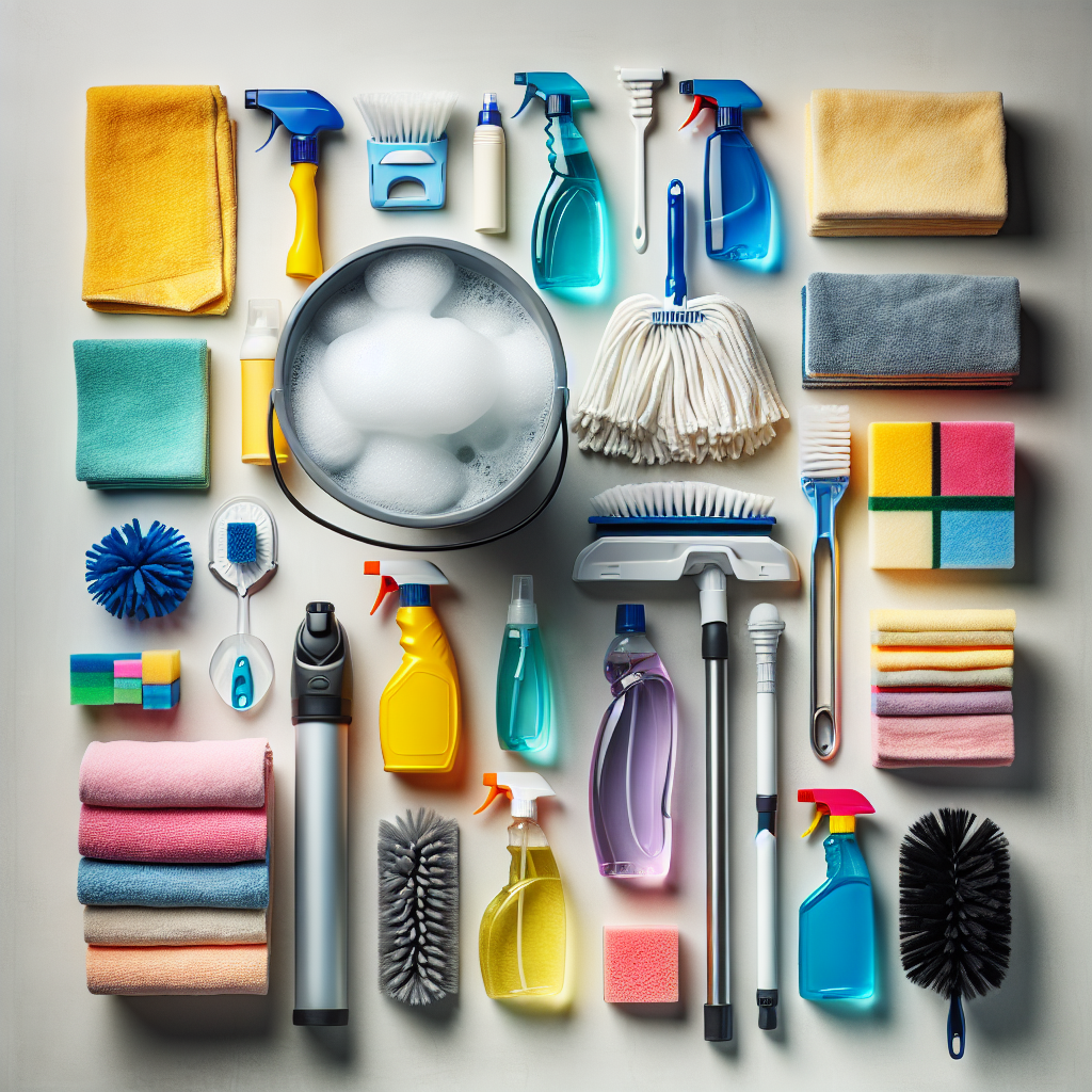 A top-down, artistic flat lay of an array of diverse deep-cleaning supplies organized neatly on a clean, light surface. Include a bucket filled with sudsy water and a mop, various colored microfiber cloths, scrubbing brushes, spray bottles of different cleaning agents, a duster, and a handheld vacuum nozzle. The composition should be vibrant, clean, and evoke a sense of preparedness for a thorough cleaning task. Studio lighting, high detail, clean aesthetic.
