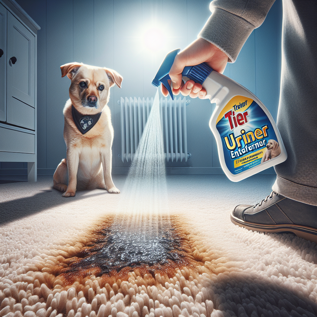 A detailed, realistic image of a person's hand holding a spray bottle clearly labeled 'Tier Urin Entferner' over a small, subtle fresh pet urine stain on a light-colored, plush carpet. A curious and slightly concerned cat or dog peeks into the frame from the side. Bright, clean lighting, focusing on the action of cleaning and restoration. High resolution, vibrant colors.