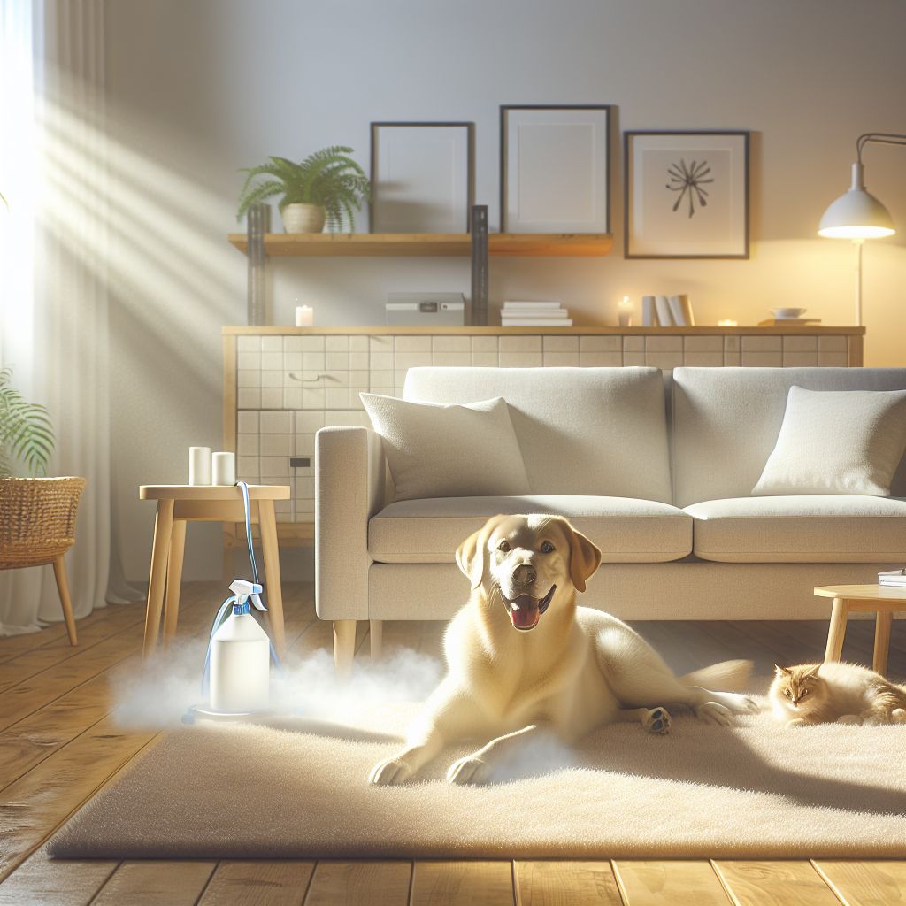 A serene and immaculately clean living room, bathed in warm, natural sunlight. A happy, relaxed dog is curled up peacefully on a pristine, light-colored sofa, or a content cat is lounging on a spotless area rug. The air looks fresh and clean, with no signs of pet odors or stains, symbolizing the successful use of a pet urine remover. Cozy, inviting atmosphere, high-quality photography.