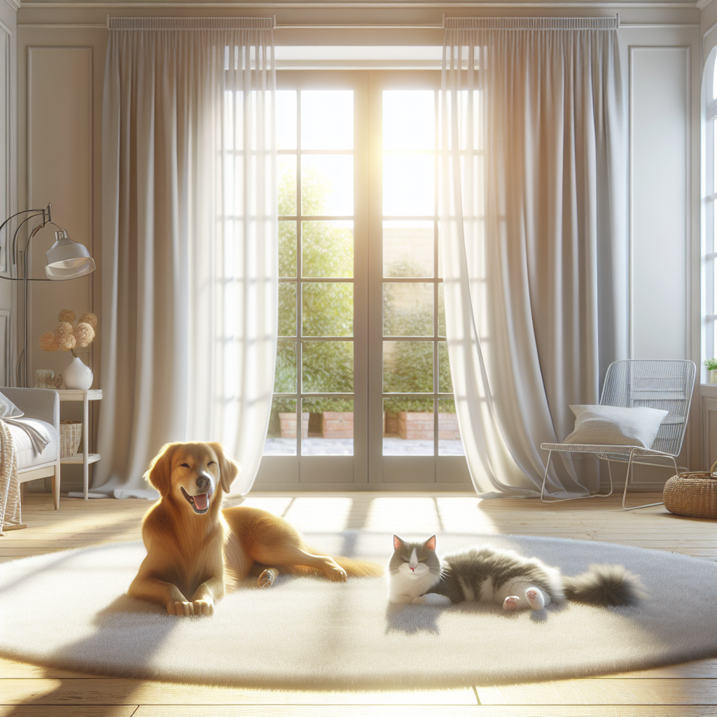 A bright, cozy living room bathed in soft sunlight, featuring a happy dog and a relaxed cat curled up on a clean, fresh-looking rug. An open window shows a gentle breeze blowing in, with sheer white curtains billowing slightly. The atmosphere is serene and clearly fresh, without any hint of unpleasant odors, emphasizing cleanliness and the harmonious presence of pets in a well-maintained home. Realistic, high-quality photograph.
