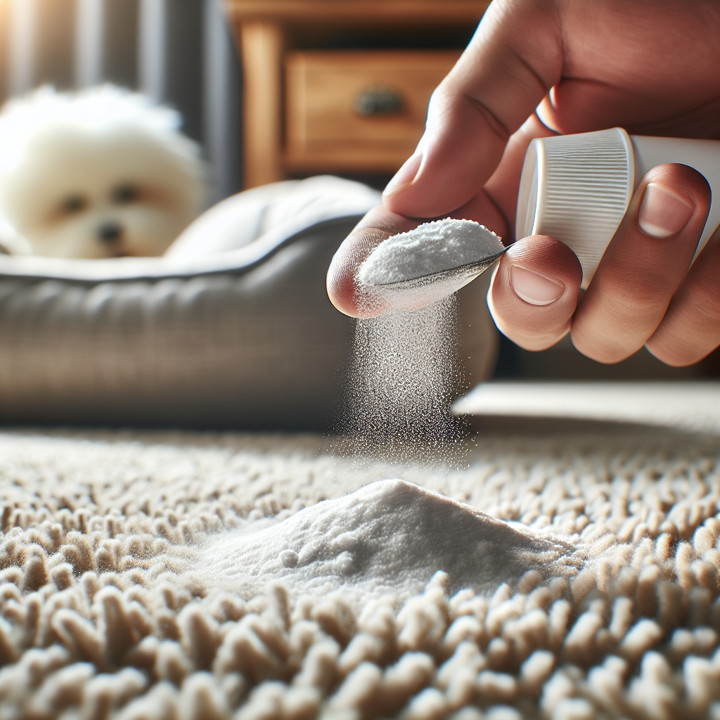 A close-up, high-angle shot of a hand gently sprinkling white baking soda powder over a plush, beige carpet where a pet might lay. In the background, out of focus, a small, clean dog bed or cat cushion is visible. The scene conveys a sense of active cleaning and problem-solving, with the baking soda appearing effective against hidden odors. The overall lighting is soft and natural, suggesting a clean home environment. Focus on the detail of the powder and the texture of the carpet. Realistic, high-quality photograph.