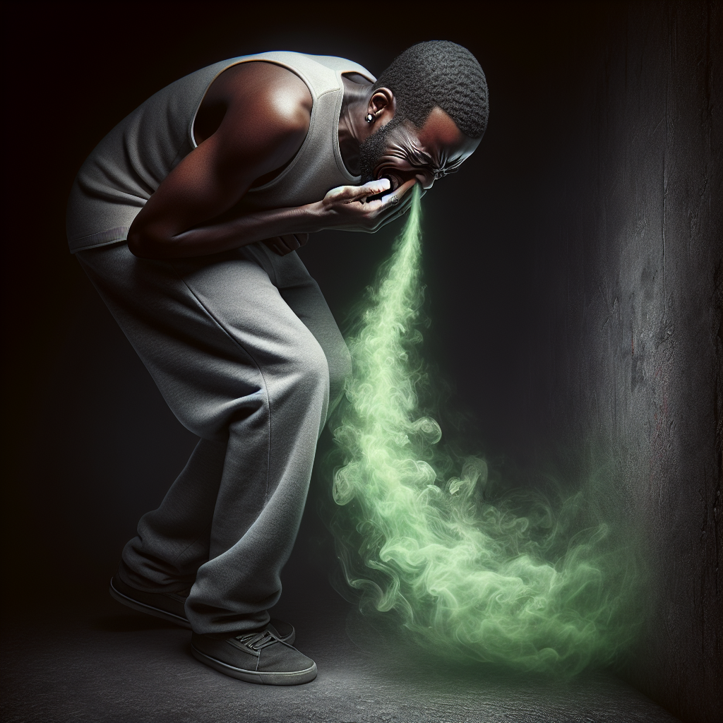 A person recoiling with a look of extreme disgust, holding their hand over their nose and mouth. A subtle, swirling, sickly green vapor emanates from a shadowy, ambiguous spot (e.g., the base of a wall, under furniture, a dark corner), suggesting a pervasive, foul odor. The overall atmosphere is dim and unsettling, emphasizing the unpleasant surprise of discovering a strong, putrid smell. High detail, realistic.
