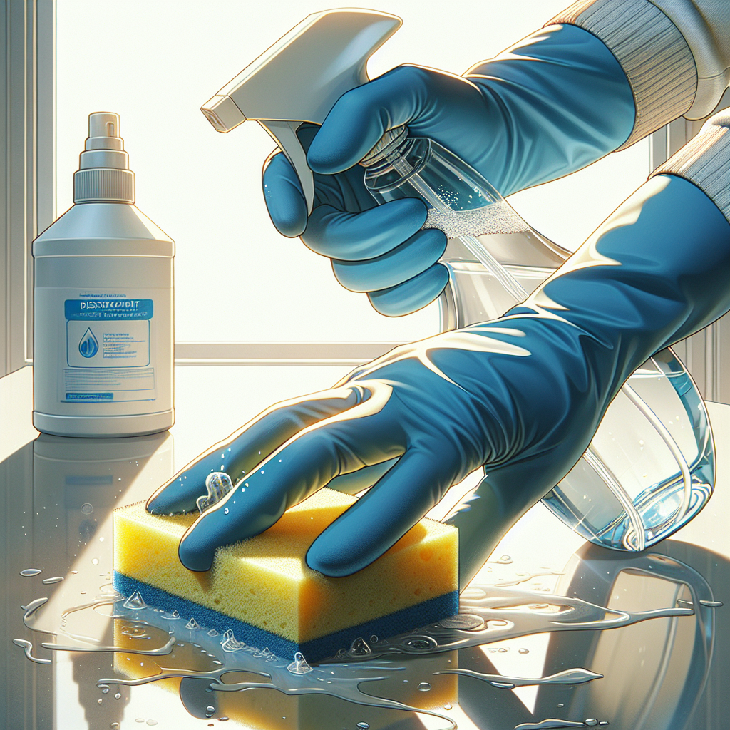 A pair of gloved hands, equipped with cleaning tools (e.g., spray bottle, sponge, disinfectant wipes), meticulously cleaning a hard surface. The environment is bright and appears to be in the process of being thoroughly disinfected, implying the successful removal of unpleasant odors and residues. A subtle hint of 'freshness' like a soft, clean light could be present. Realistic, clean aesthetic.