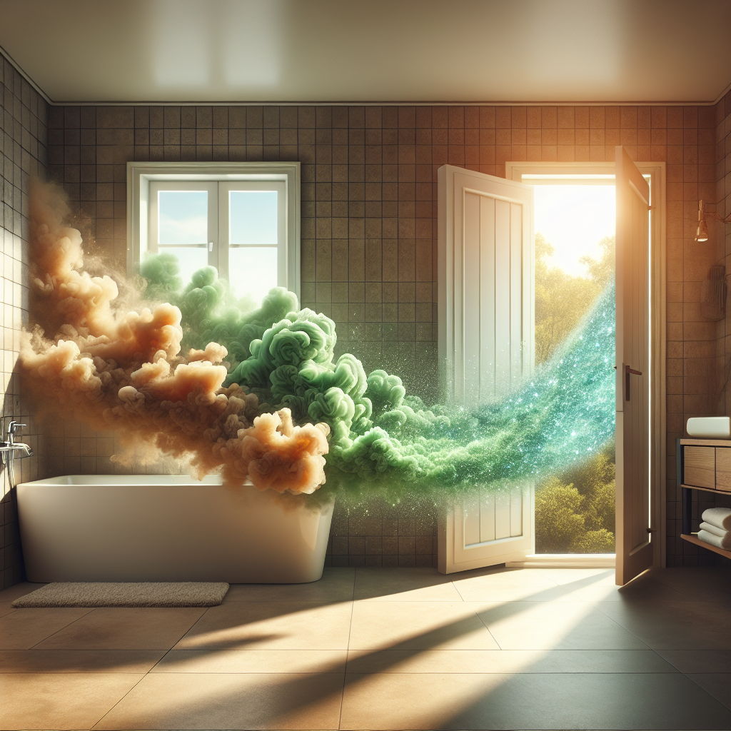 A conceptual image of a clean, modern bathroom with an open window. Visually represent an unpleasant, swirling green-brown odor cloud dissipating out the window, replaced by streams of sparkling, fresh blue air flowing in. The mood is clean and refreshing, showing a clear transition from bad smell to fresh air. Photorealistic style, warm natural lighting.