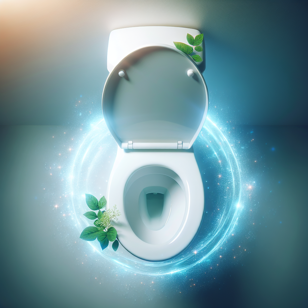 A close-up, high-angle shot of a pristine white toilet bowl, sparkling with cleanliness. Ethereal, soft blue light emanates from within the bowl, symbolizing freshness and purity. A delicate green leaf or a small white flower rests subtly on the edge of the toilet seat, adding a touch of natural purity. The background is softly blurred, focusing on the immaculate toilet. Bright, clean aesthetic, photorealistic.
