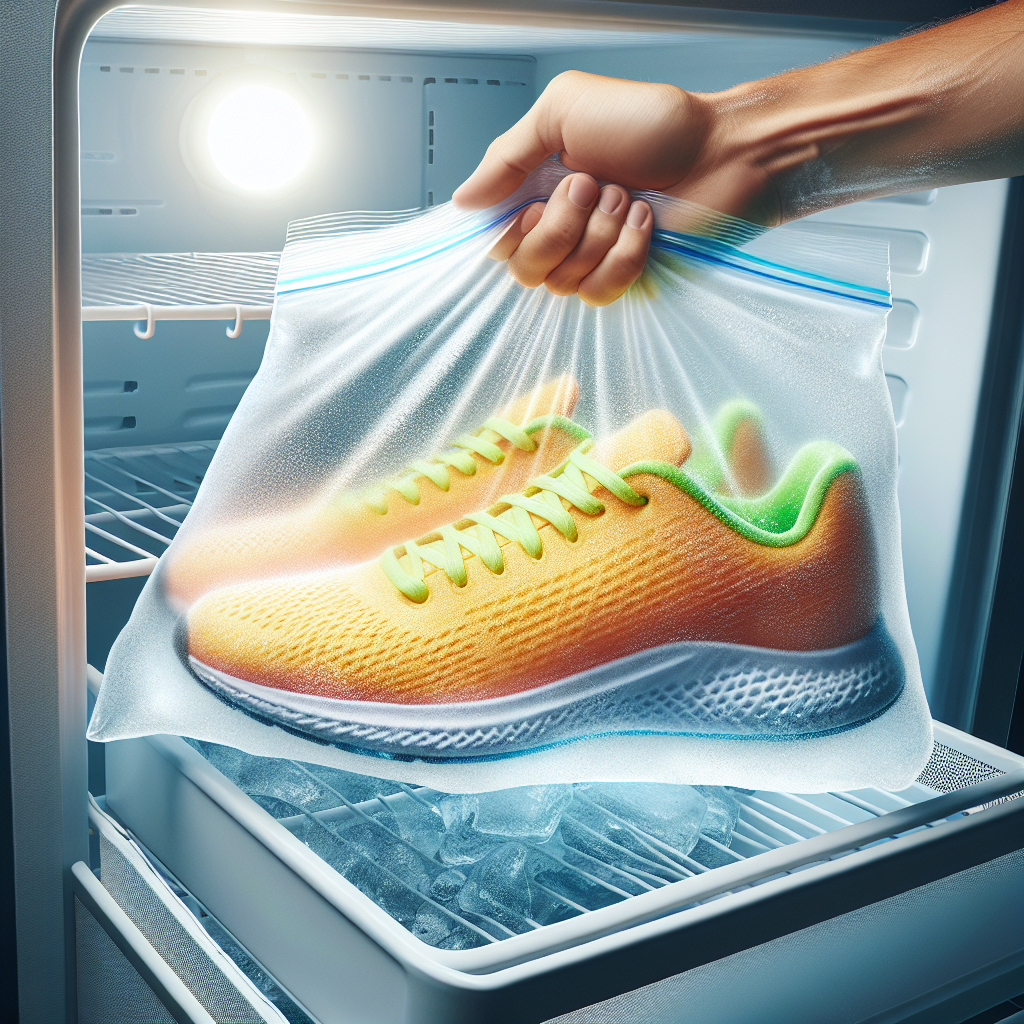 A pair of fresh, clean athletic sneakers being placed into a clear plastic freezer bag, partially covered in light frost, inside an open, brightly lit freezer compartment. Emphasize the cold and cleanliness. Realistic, modern photography.