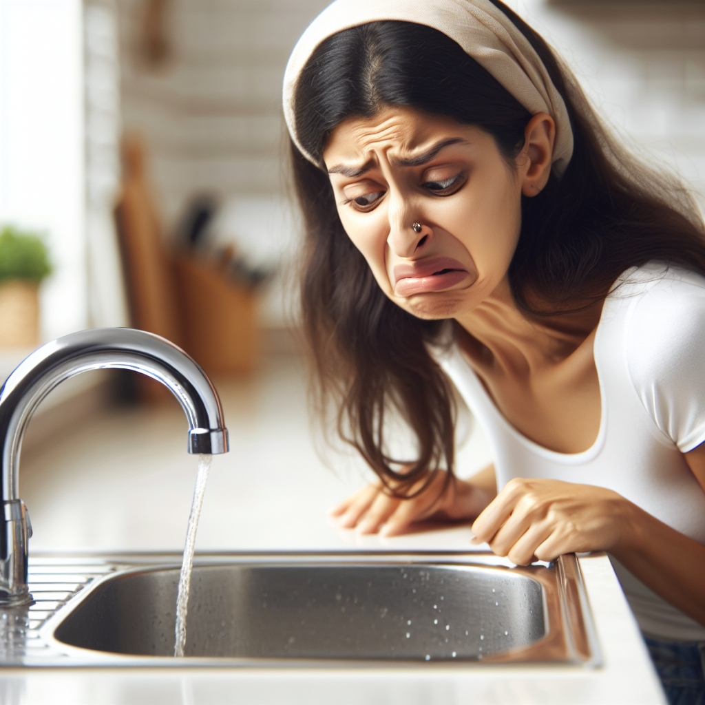 A person with a slightly disgusted or surprised expression, wrinkling their nose and recoiling slightly, standing next to a clean kitchen sink from which a subtle, unpleasant odor is implied. The sink drain is visible. Realistic, bright and clean home environment, soft focus on the person's reaction.