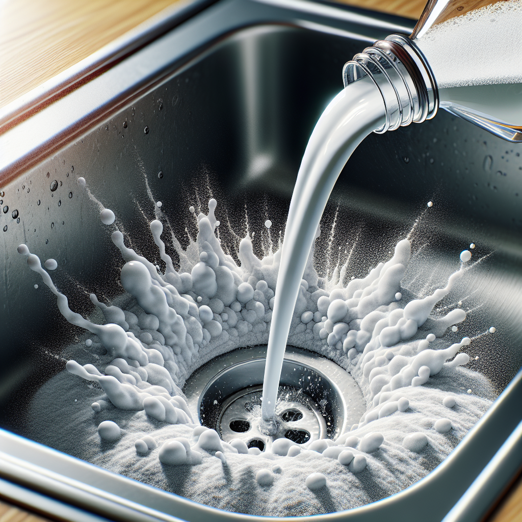 Close-up, detailed shot of a kitchen sink drain. White baking soda powder is visible in the drain, and a clear stream of white vinegar is being poured onto it, causing a distinct, gentle fizzing and bubbling reaction. The surrounding sink and countertop are clean and bright. Realistic, illustrative.