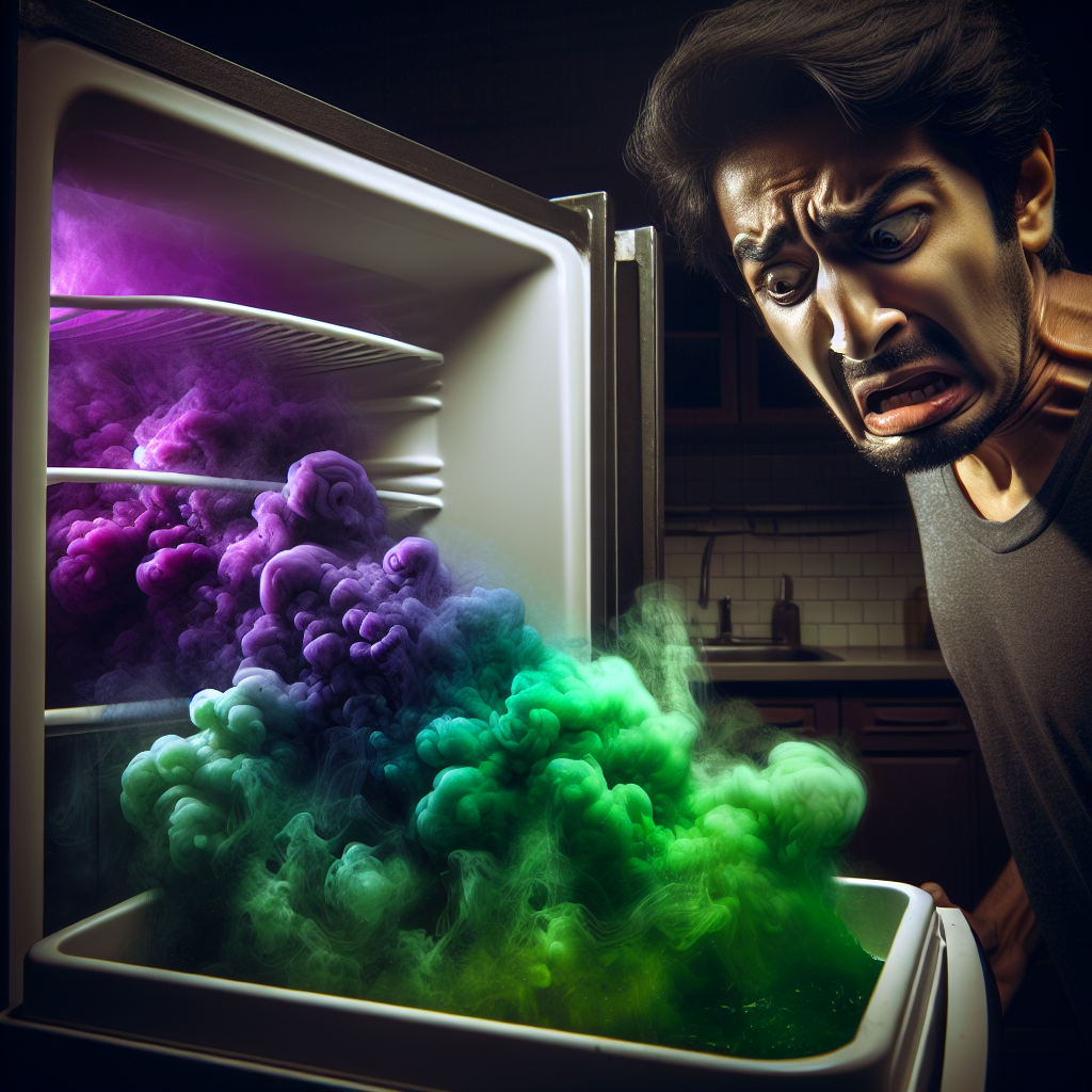 A person recoiling with a disgusted expression as they open a refrigerator door, from which visible, swirling green and purple foul-smelling vapor is emanating. The inside of the fridge is dimly lit, hinting at forgotten or spoiled food. Realistic style, cinematic lighting.