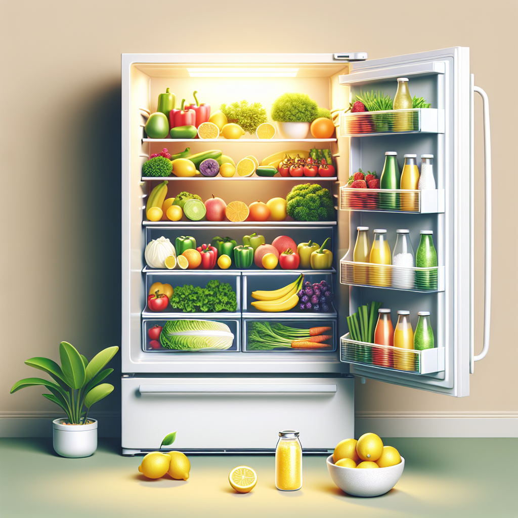 A brightly lit, sparkling clean and freshly organized refrigerator interior. The shelves are neatly arranged with vibrant, fresh vegetables, fruits, and a small bowl containing lemon slices or baking soda, symbolizing odor absorption. Modern, minimalist, and inviting aesthetic.