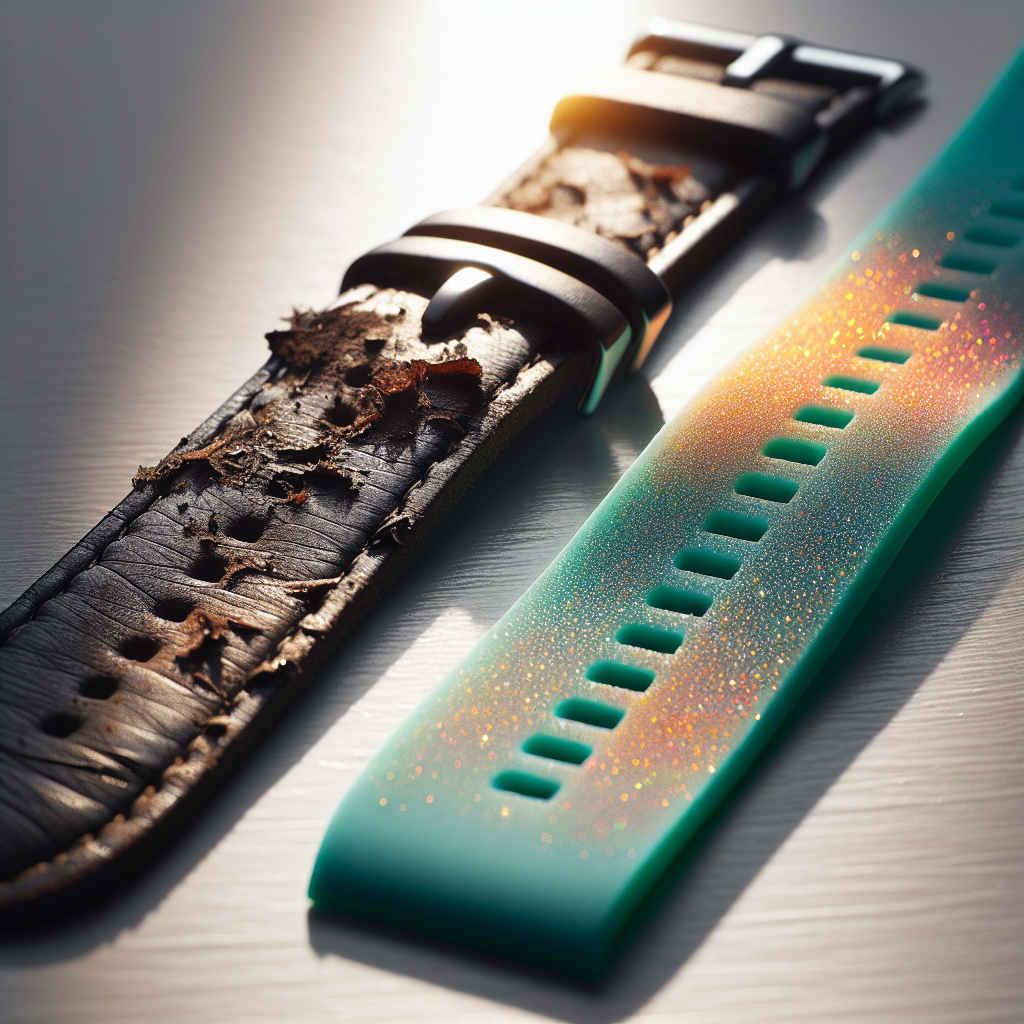 A close-up shot of two watch straps side-by-side on a clean, bright surface. One strap is a worn, dark leather band with subtle signs of grime and dullness, implying an unpleasant smell. The other strap is a vibrant, clean silicone band, sparkling with freshness and looking pristine. The contrast highlights the problem and the desired outcome. High detail, clean aesthetic, natural light.