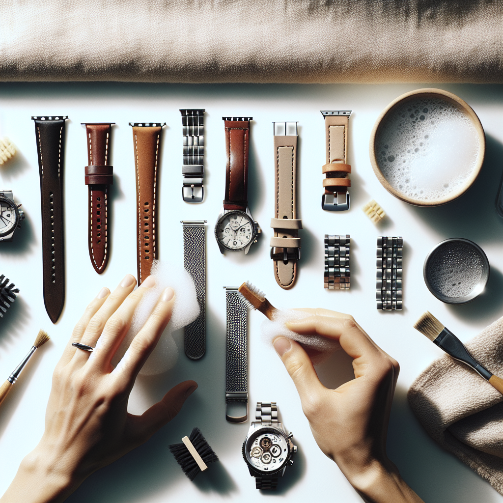 A top-down shot showing a pair of hands carefully cleaning a variety of watch straps on a clean, light-colored table. The straps include a leather band, a silicone strap, and a metal bracelet. Cleaning items visible are a small bowl of soapy water, a soft microfiber cloth, and a gentle brush. The scene is well-lit, emphasizing cleanliness and the detailed process of care.