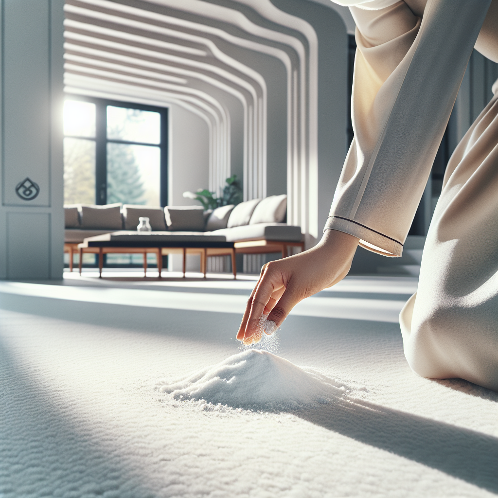 A person's hands gently scattering white baking soda onto a carpet or into a shoe, set within a bright, clean, and modern German living space. The scene evokes a sense of freshness and the effective neutralization of unpleasant odors, with soft, natural light filling the room. Focus on cleanliness and natural remedies.