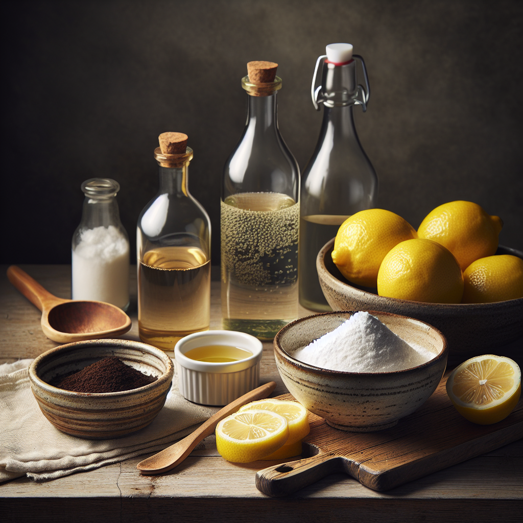 A visually appealing still life composition showcasing various natural home remedies for odor removal: a rustic ceramic bowl filled with baking soda, fresh lemon slices, a small bottle of vinegar, and a small, open container of coffee grounds. All items are artfully arranged on a clean wooden kitchen counter, bathed in soft, natural light, emphasizing effectiveness and sustainability.