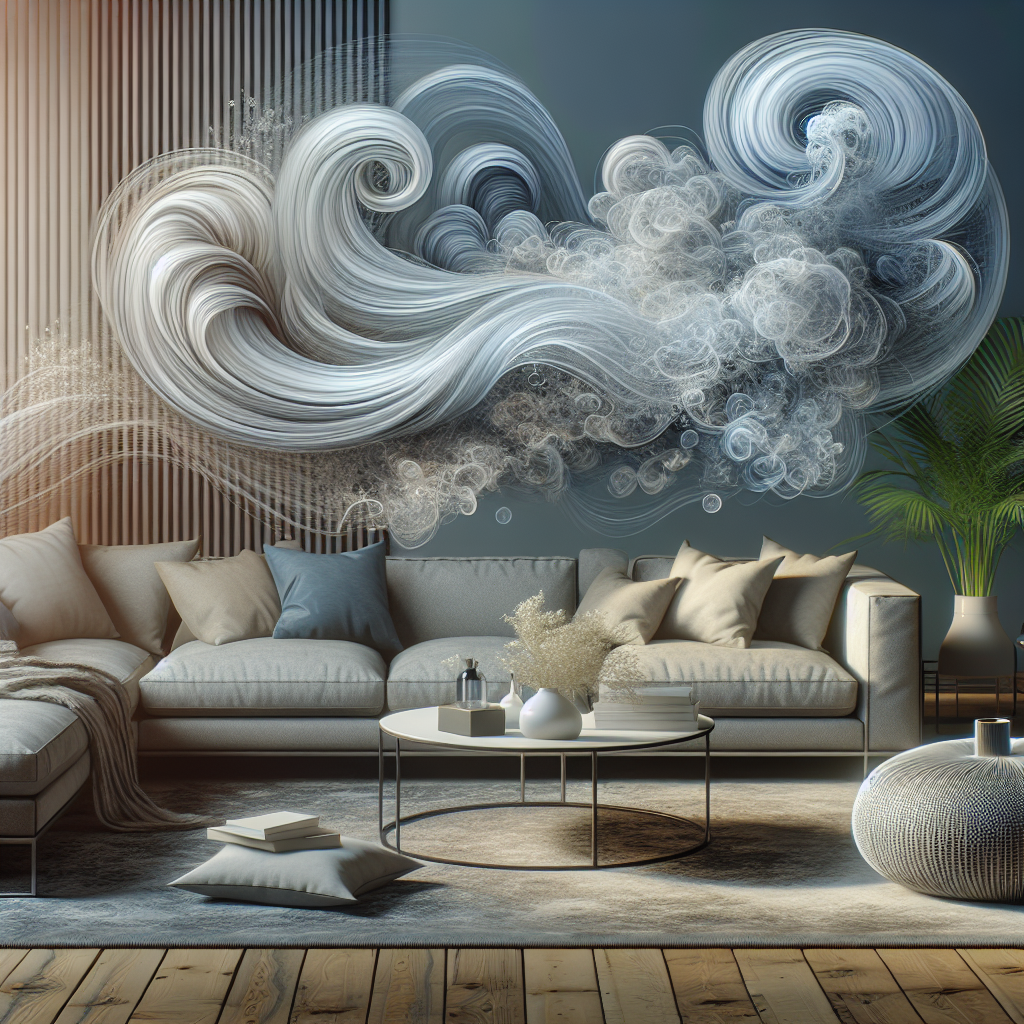 A cozy, modern living room subtly filled with swirling, translucent grey-brown odor particles, which are visibly dissipating and being replaced by bright, fresh, clean air represented by gentle white and light blue currents. The room should look inviting despite the disappearing odor, with soft, natural lighting and a sense of calm.