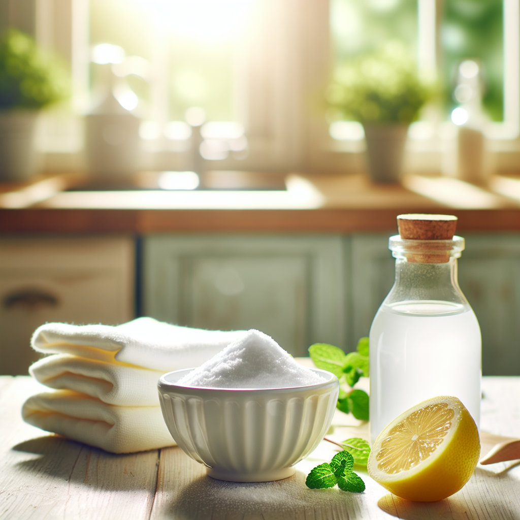 A beautiful, clean still life featuring a small white bowl of baking soda and a bowl of white vinegar, placed on a light wooden countertop in a sun-drenched kitchen. Next to them, a few fresh lemon slices and a sprig of mint. The background shows a blurry, pristine kitchen window with natural light streaming in, creating a strong sense of cleanliness and natural purity.