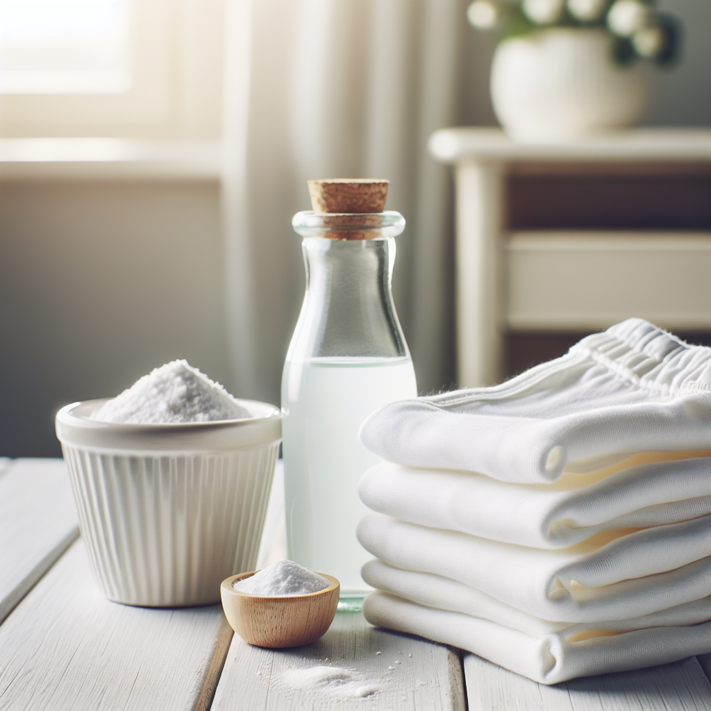 A close-up of perfectly clean, soft white cotton underwear, gently folded and radiating freshness, placed on a light wooden surface. In the soft-focus background, a subtle, elegant glass bottle of white vinegar and a small container of baking soda are visible, hinting at natural cleaning solutions. Bright, airy, minimalist style, with warm, natural lighting.