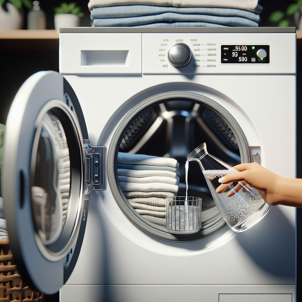 A human hand carefully pouring a measure of white vinegar from a glass bottle into the detergent drawer of a modern washing machine. The washing machine door is slightly ajar, revealing clean, folded underwear inside. The scene is set in a bright, tidy laundry room, emphasizing practical, eco-friendly cleaning solutions. Realistic photo, clean aesthetic.