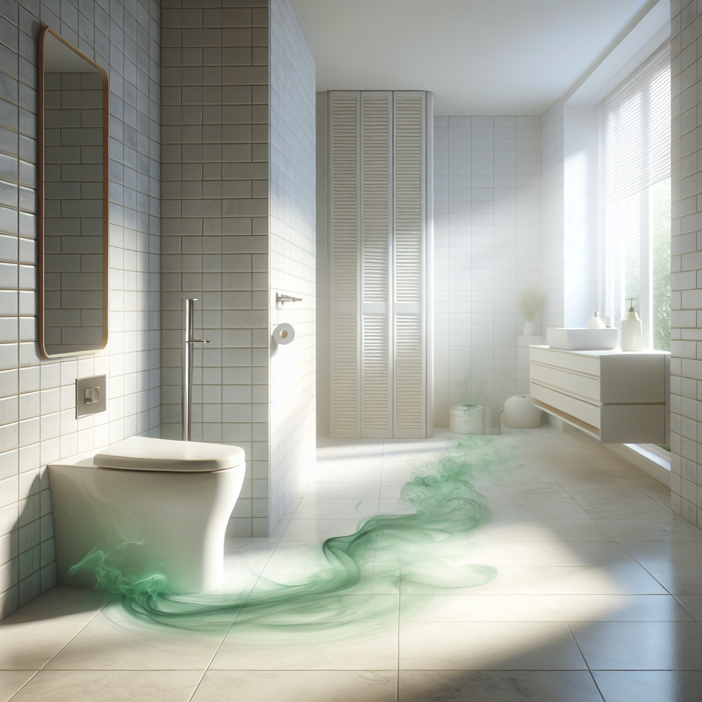 A pristine, modern bathroom with sunlight streaming in, but with a subtle, faint greenish-yellow haze swirling low near the base of the toilet and floor tiles, visually representing a persistent and unpleasant urine odor that needs to be eliminated. The scene should still look clean overall but with this symbolic hint of the smell. Realistic, high-resolution photo, soft natural light.