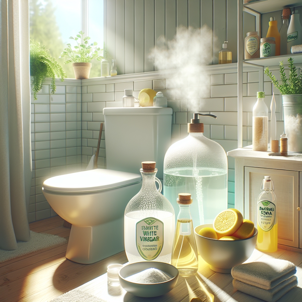 A vibrant and sparkling clean bathroom. On a polished white vanity, there are eco-friendly cleaning supplies: a clear bottle of white vinegar, a container of baking soda, and a bowl of fresh lemon slices. A soft, fresh mist or steam gently rises from the scene, symbolizing the effective removal of odors and a renewed sense of cleanliness and freshness. Bright, airy, realistic photo with natural light.