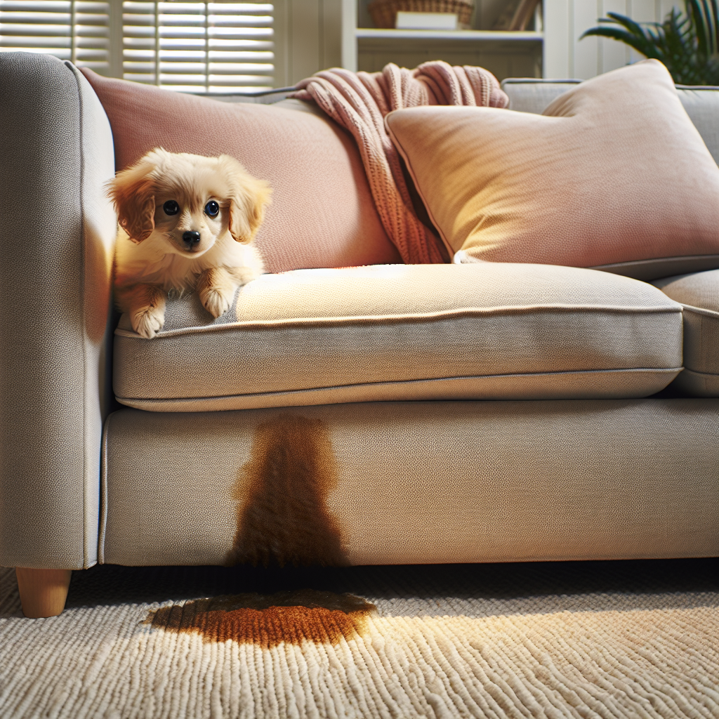 A cozy living room sofa with a visible, slightly damp urine stain on one cushion. A small, cute, guilty-looking dog or cat is peeking out from behind the sofa, conveying a relatable 'oops' moment. Soft, natural lighting, realistic photography.