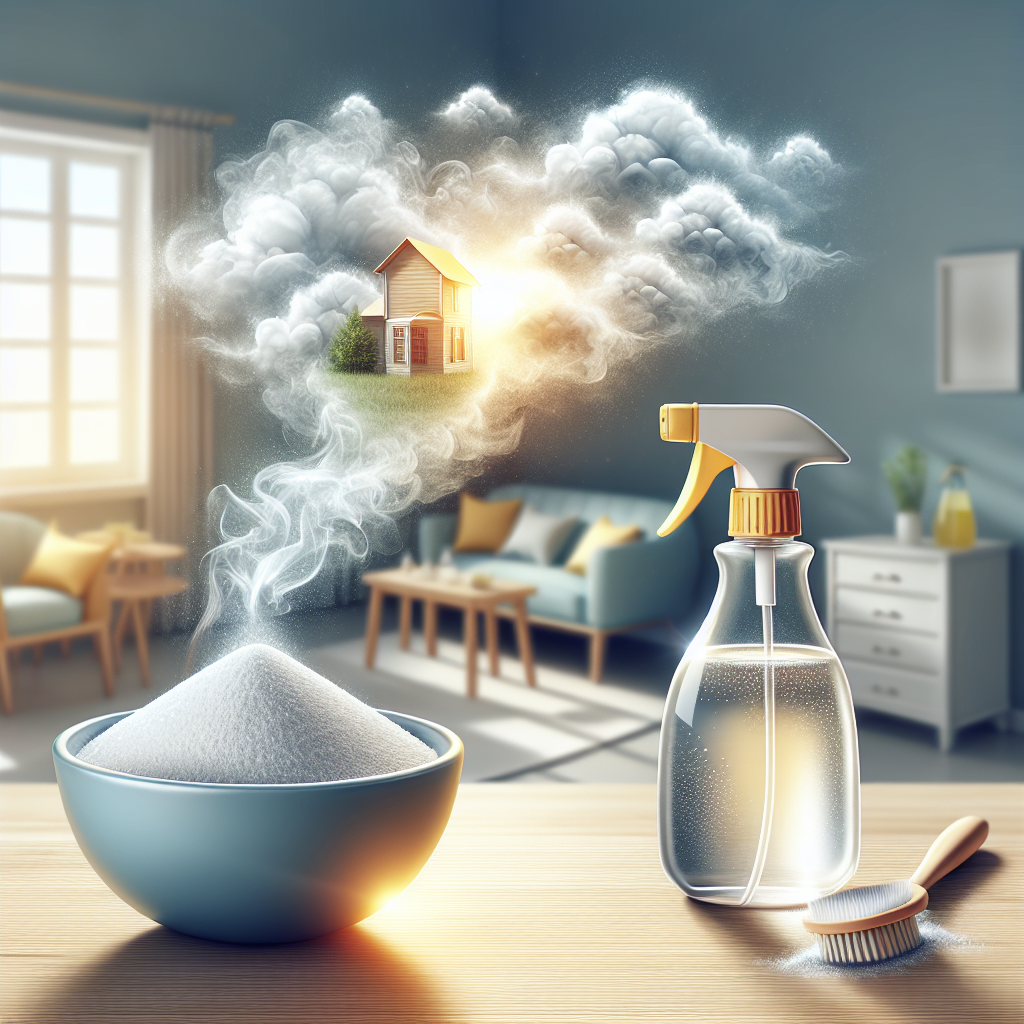 A clean, bright image showcasing a subtle, almost invisible unpleasant odor cloud (represented by a faint, wispy grey-yellow haze) lifting away from a clean home surface, replaced by a fresh, airy feeling. In the foreground, natural cleaning remedies are subtly visible: a small bowl of baking soda and a spray bottle of vinegar. Emphasize freshness and natural solutions, bright lighting, soft focus.