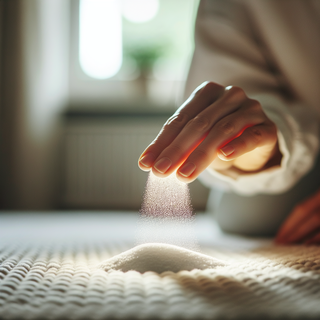 Close-up shot of a hand gently sprinkling a generous amount of white baking soda powder onto a textured surface like a carpet or a mattress. The powder is brightly lit, creating a slight glow, symbolizing its cleaning and deodorizing power. The background is softly blurred, suggesting a cozy home interior. Emphasize texture and the natural, effective action of the baking soda. Bright, clean aesthetic.