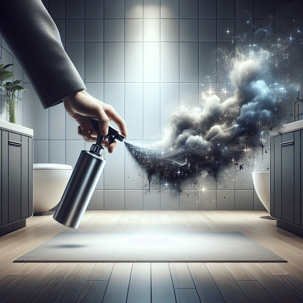 A clean, modern household scene, perhaps a bright bathroom or kitchen. A hand, reaching from the right, holds a sleek spray bottle, emitting a stream of fresh, sparkling mist. This mist is actively dissipating an abstract, subtle, dark grey, swirling 'odor cloud' that is visibly lifting away from a clean, light-colored floor or textile surface. The background is minimalist and bright, emphasizing effective household cleaning and odor removal. Studio quality, soft, natural lighting.