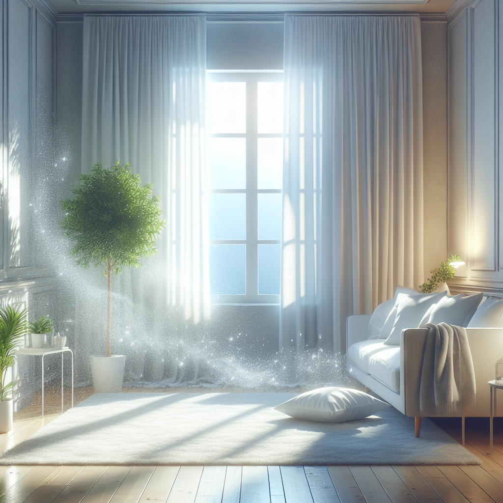 A serene and bright image symbolizing a completely fresh and clean home environment after odor removal. Sunlight streams through a large, clean window, illuminating a pristine, modern living space, possibly a living room or bedroom. The air is visibly clear and fresh, represented by subtle, soft, glowing particles or a gentle, refreshing aura permeating the room. Elements like neatly arranged, clean textiles (e.g., a sofa or bedding) and a fresh green plant can be subtly present, conveying a sense of renewed purity and comfort. High key lighting, inviting atmosphere.