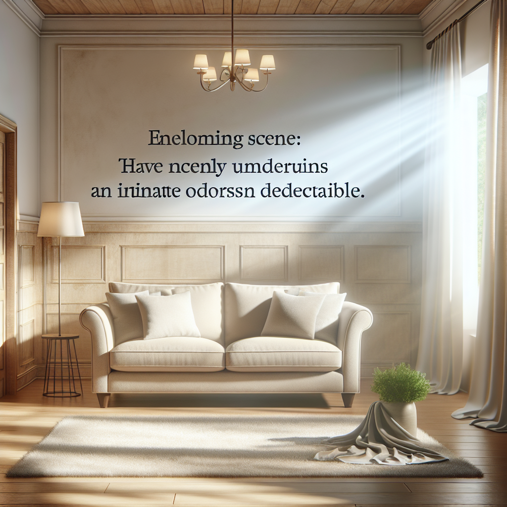 A plush, inviting sofa in a bright, airy living room, bathed in soft, natural light, subtly conveying a sense of ultimate freshness and cleanliness after being thoroughly deodorized. There are no unpleasant odors, only comfort and hygiene.