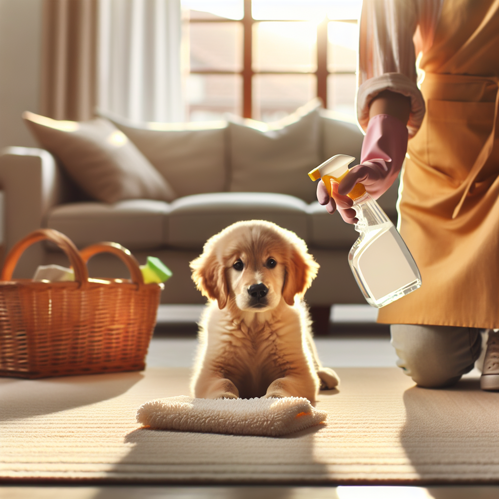 A cozy, sunlit living room. A friendly golden retriever puppy sits innocently on a clean rug, next to a subtle, barely visible damp patch. A human hand enters the frame, holding a spray bottle and a microfibre cloth, ready to clean. The scene conveys quick, gentle action and a fresh, clean feeling, soft focus on the background, natural light.