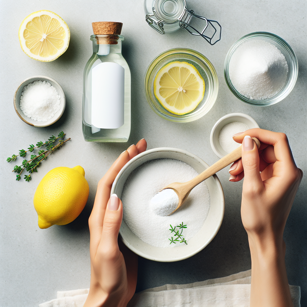Overhead shot of a pristine kitchen counter. Ingredients for a natural cleaning solution are laid out: a bowl of white baking soda, a clear bottle of white vinegar, and a lemon wedge. A hand is gently stirring the mixture. The scene is bright and clean, emphasizing eco-friendly solutions and freshness, professional product photography style.