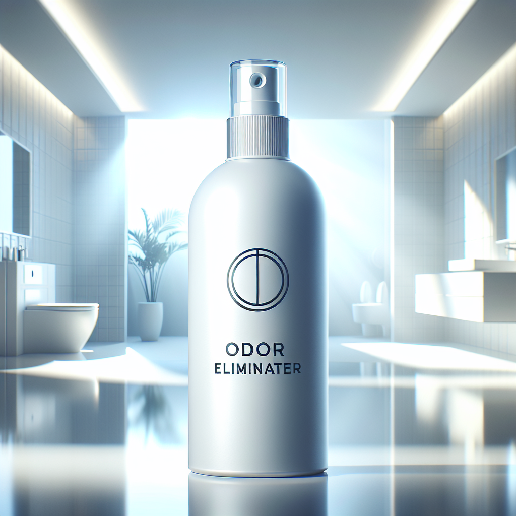 A bright, clean, modern bathroom with sunlight streaming in, showing a sense of freshness and purity. In the foreground, a generic, sleek spray bottle, labeled 'Odor Eliminator' with an icon suggesting freshness, is positioned, implying the solution. The overall atmosphere is inviting and free of any visible unpleasantness. Professional product photography style, clean aesthetic.