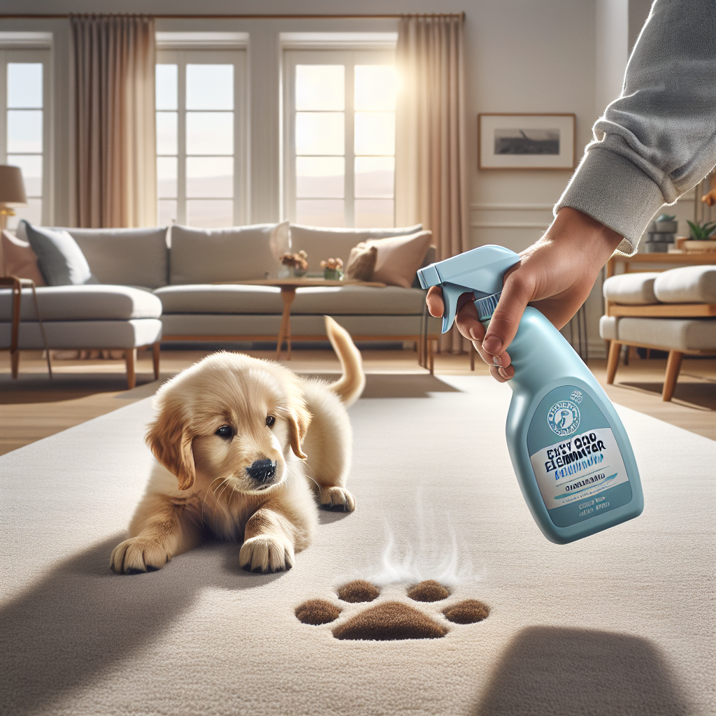 A warm, inviting living room scene with a golden retriever puppy playfully interacting with a light-colored rug. In the foreground, a hand gently sprays a generic, modern spray bottle (labeled 'Enzyme Odor Eliminator') onto a subtly indicated spot on the carpet, suggesting an effortless cleaning process. The scene emphasizes pet-friendly solutions and a fresh, clean home environment. Bright, natural lighting.
