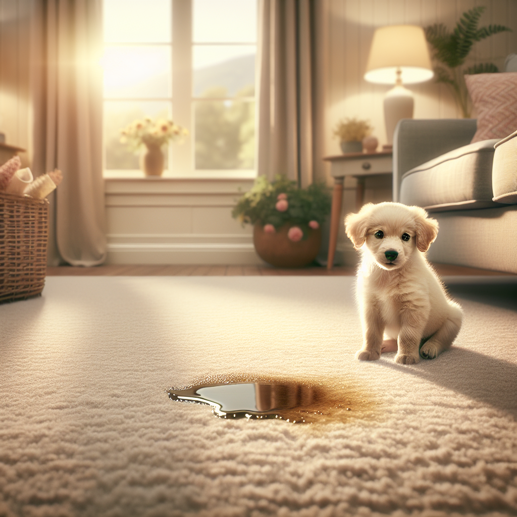 A soft, artistic photo capturing a relatable household moment: a small, innocent-looking puppy sitting next to a subtle, slightly damp spot on a light-colored living room rug. A hint of golden sunlight illuminates the scene, suggesting a common pet 'accident' that causes an odor problem. The mood is slightly whimsical and familiar, not graphic. Professional photography, natural light.