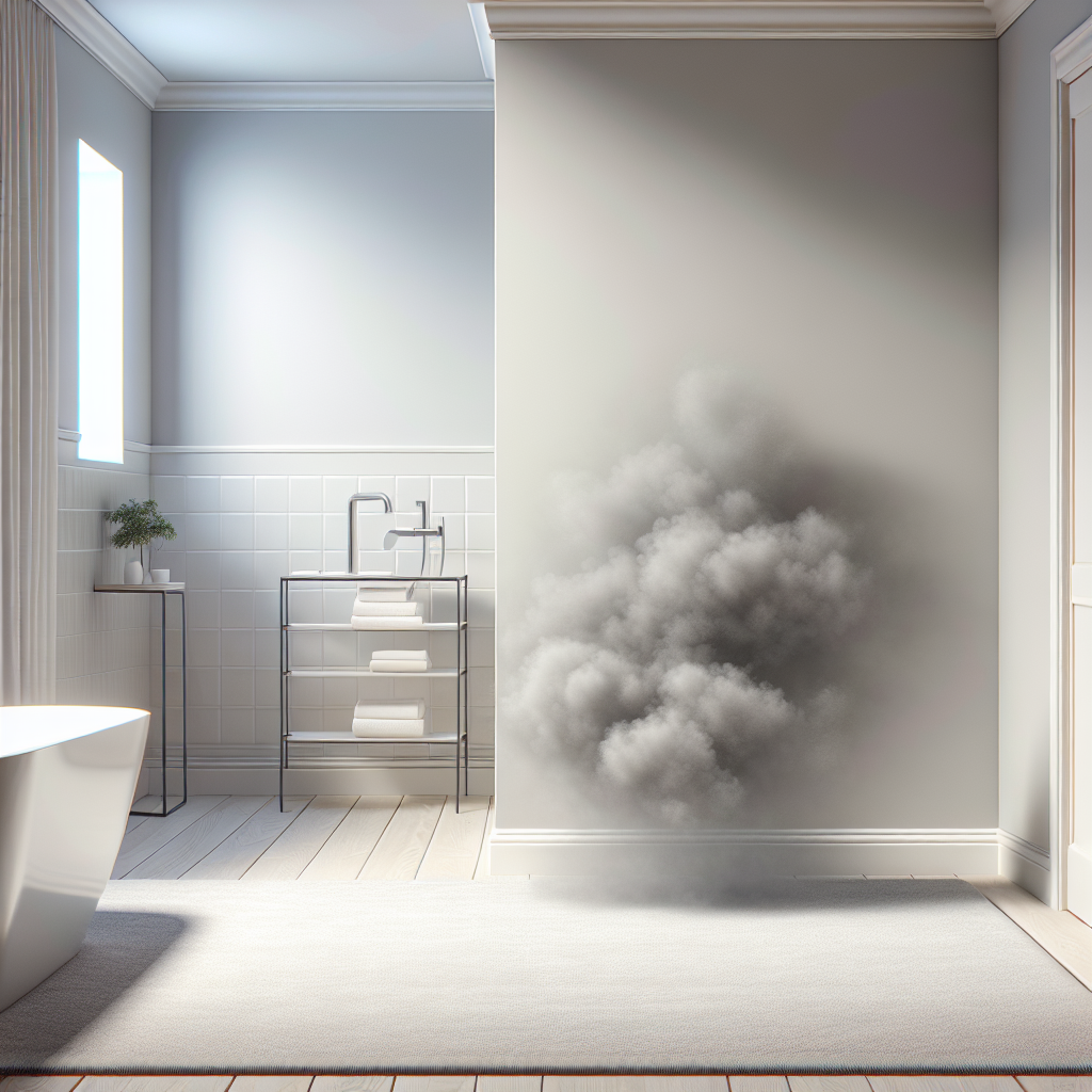 A clean, modern bathroom or living room where a faint, wispy, dark grey cloud subtly emerges from a textile or carpet, symbolizing a persistent, unpleasant odor. The room is otherwise tidy, creating a visual tension between cleanliness and the hidden smell. Soft, natural light, photo-realistic, minimalist.