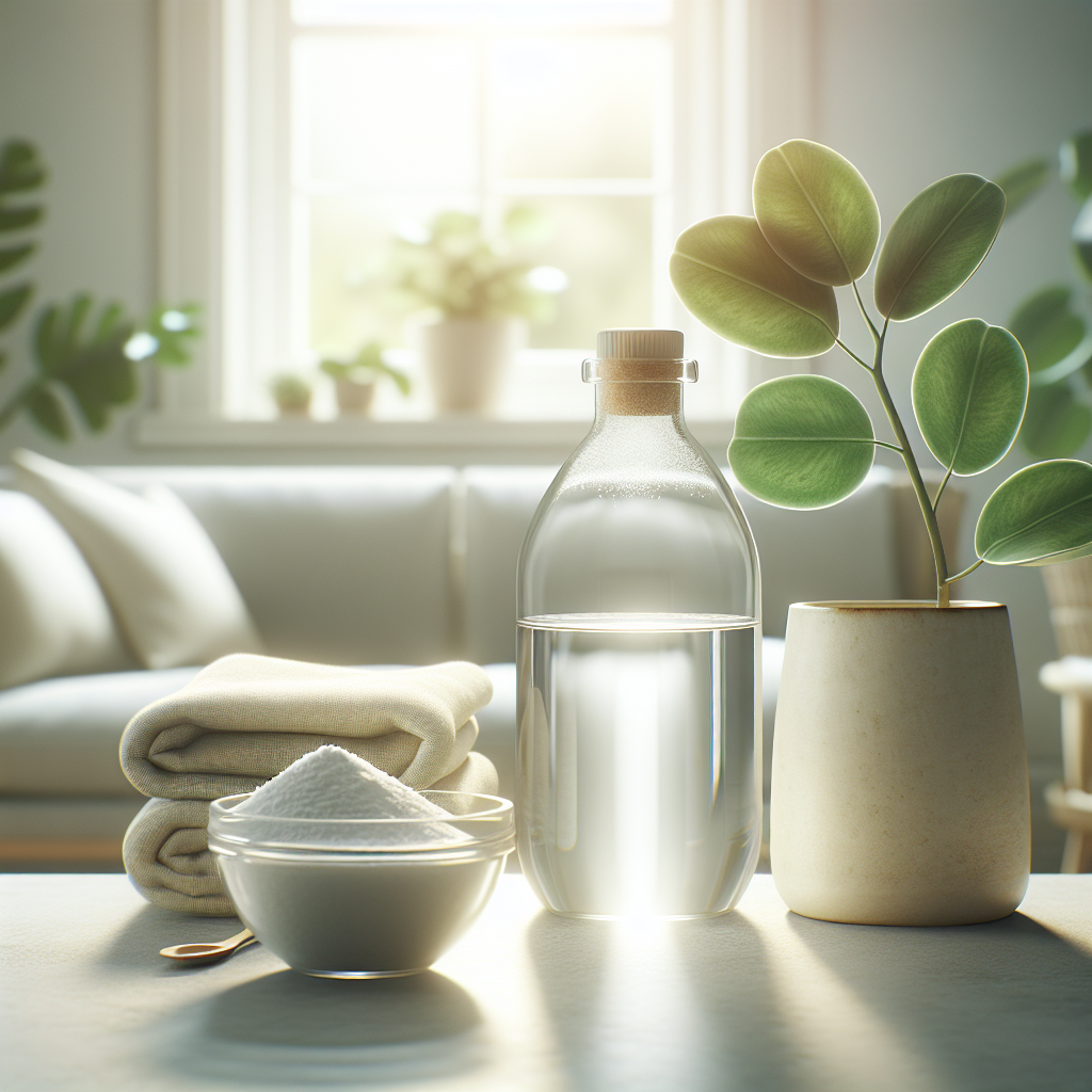 A bright, airy domestic scene (e.g., a corner of a living room or bathroom) filled with natural light, depicting elements of freshness and cleanliness. A clear bottle of white vinegar and a small bowl of baking soda are neatly arranged on a clean, light-colored counter or table, with a green plant in the soft background. The overall impression is one of purity, freshness, and effective cleaning. Photo-realistic, soft focus, inviting atmosphere.