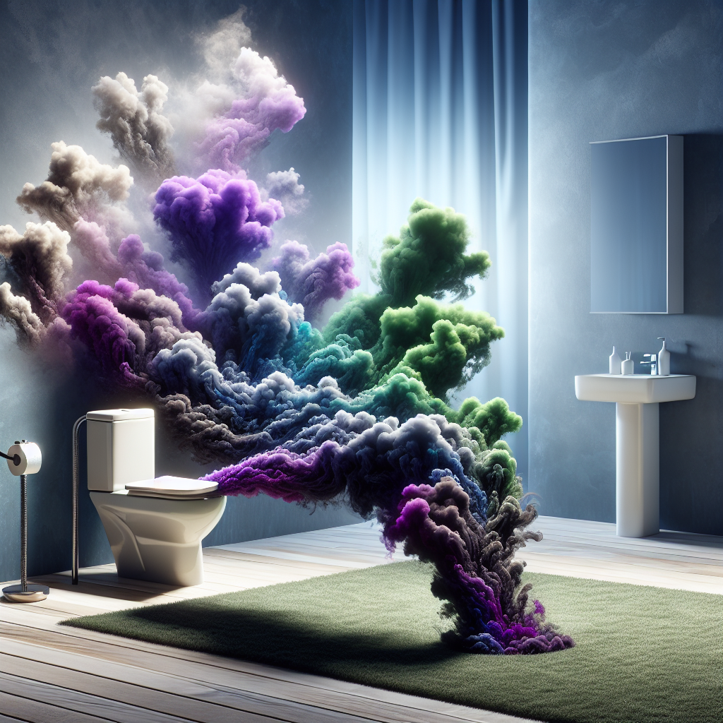A visual metaphor for neutralizing unpleasant urine odor. Imagine swirling, dark purple or green vapor representing the bad smell, being absorbed and replaced by bright, clean, white light or fresh air. This is happening subtly in a clean, modern bathroom or living room setting, perhaps near a carpet or toilet. The overall mood is one of relief and cleanliness. High quality, realistic, subtle magic realism.