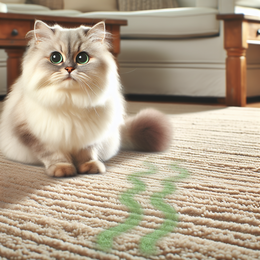 A fluffy, short-haired cat with wide, curious eyes sits on a plush living room carpet. Next to the cat, there's a subtle, slightly damp stain on the carpet, from which faint, wavy green lines subtly rise, symbolizing an unpleasant odor. The overall scene is cozy yet hints at a problem. Realistic, with soft shadows and warm lighting.