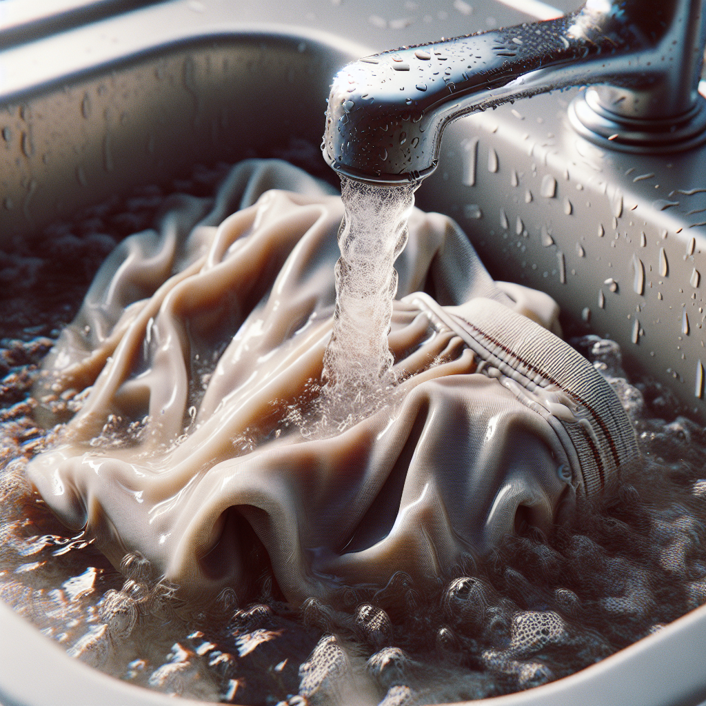 A close-up of a damp, slightly stained piece of clothing being rinsed under cold tap water in a sink, emphasizing the immediate reaction to a spill. The clothing looks like it could belong to a child or someone dealing with pet accidents. Soft, natural lighting. Photorealistic style.