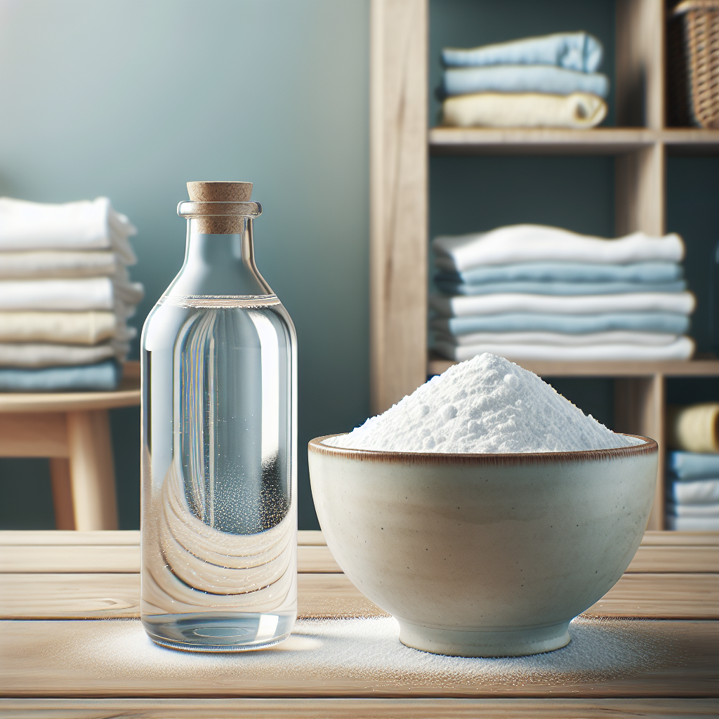 A bottle of white vinegar positioned prominently next to a bowl of baking soda, with clean, folded laundry in the background. The scene suggests effective, natural home remedies for eliminating odors. Bright, clean aesthetic. Photorealistic style.