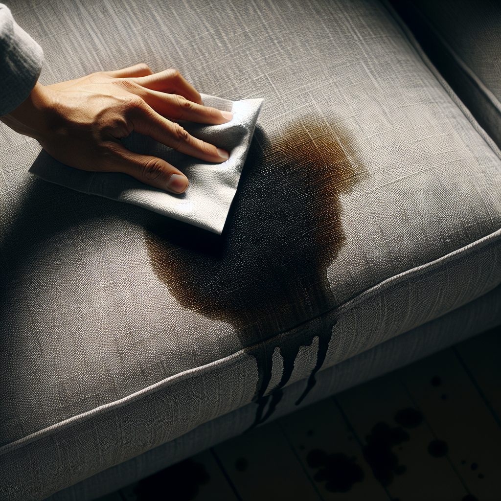A close-up shot of a light grey fabric sofa cushion with a dark, damp urine stain. A person's hand is gently blotting the stain with a white absorbent cloth. The scene has a slightly desaturated, realistic feel, emphasizing the problem and urgency. Indoor lighting, focus on fabric texture and the act of blotting.